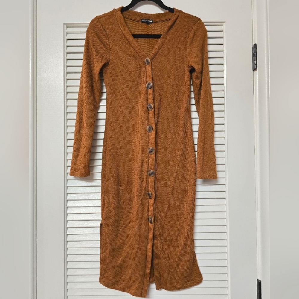 Fashion Nova - Ribbed Long-Sleeve Button Sweater Dress
